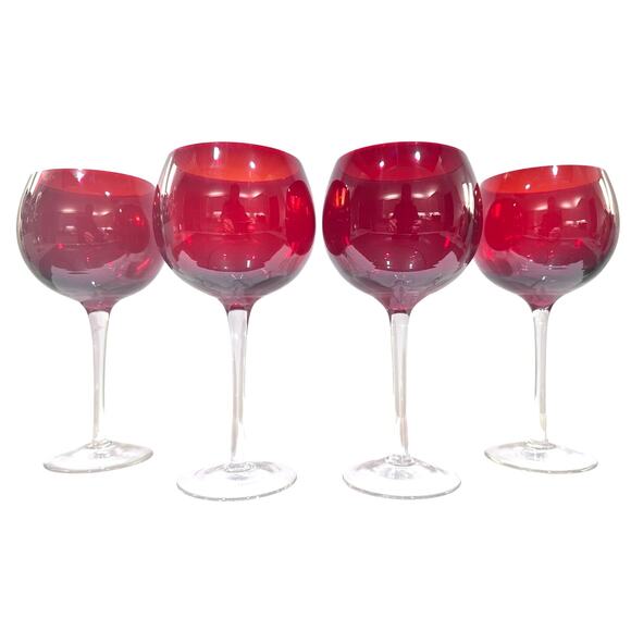 Ruby Red Elegant Balloon Wine Glasses Goblets with Clear Stem-Set of 4 - Picture 1 of 9
